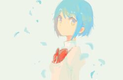 Rule 34 | 1girl, bad drawr id, bad id, blue hair, bow, bowtie, closed mouth, dot mouth, expressionless, grey background, juliet sleeves, long sleeves, looking at viewer, looking to the side, mahou shoujo madoka magica, miki sayaka, mitakihara school uniform, negative space, no lineart, oekaki, pale color, puffy sleeves, red bow, red bowtie, school uniform, short hair, simple background, solo, sumi (pixiv619693), swept bangs, turtleneck, upper body, wind