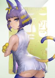 Rule 34 | 1girl, absurdres, animal crossing, animal hands, ankha (animal crossing), artist request, ass, bare shoulders, blue hair, blunt bangs, bob cut, cat girl, cowboy shot, crossed arms, dress, from behind, frown, hieroglyphics, highres, humanization, looking back, nintendo, personification, short hair, simple background, solo, striped tail, tail, thighhighs, uraeus, zettai ryouiki