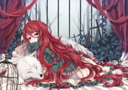 Rule 34 | 1girl, absurdly long hair, bad id, bad pixiv id, barefoot, birdcage, cage, curtains, dagger, dog, dress, forest, frilled dress, frills, graveyard, green dress, green eyes, heterochromia, knife, long hair, looking at viewer, looking back, nature, original, red hair, shiro yurine, sleeping, solo, tombstone, very long hair, weapon, yellow eyes