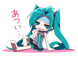 Rule 34 | 1girl, absurdres, alternate hairstyle, aosaki yato, aqua eyes, aqua hair, aqua necktie, arm support, bangs pinned back, bare shoulders, barefoot, black skirt, chibi, commentary, fanning self, front ponytail, frown, grey shirt, hair ornament, half-closed eyes, hatsune miku, highres, hot, knee up, long hair, miniskirt, necktie, unworn necktie, open mouth, pleated skirt, ponytail, shirt, sitting, skirt, sleeveless, sleeveless shirt, solo, sweat, towel, towel on head, translated, twintails, v-shaped eyebrows, very long hair, vocaloid, white background