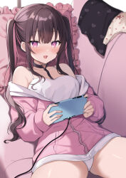 Rule 34 | 1girl, :d, absurdres, bare shoulders, black choker, black hair, blush, camisole, choker, collarbone, commentary request, couch, handheld game console, highres, holding, holding handheld game console, jacket, long hair, looking at viewer, lying, multicolored hair, off shoulder, okiq, on back, on couch, open mouth, original, panties, unworn panties, partially unzipped, pillow, pink eyes, pink hair, pink jacket, pink theme, sidelocks, smile, solo, sweat, twintails, two-tone hair, underwear, white camisole, white panties