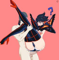 Rule 34 | 1boy, 1girl, ?, ass, ass grab, black hair, blush, boots, breasts, carrying, clothed female nude male, embarrassed, erection, gloves, grinding, hetero, high heel boots, high heels, kill la kill, legs together, matoi ryuuko, multicolored hair, no bra, nude, penis, princess carry, sideboob, simple background, skindentation, surprised, thigh boots, thighhighs, uncensored, underboob