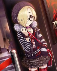 Rule 34 | 10s, 1girl, animated, animated gif, bags under eyes, belt, bespectacled, blonde hair, brown eyes, derivative work, earrings, glasses, gothic lolita, hair over one eye, idolmaster, idolmaster cinderella girls, jewelry, lolita fashion, lowres, necklace, official art, ring, shirasaka koume, short hair, striped, striped sleeves, thighhighs