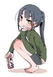 Rule 34 | 1girl, akari (raigou), alcohol, barefoot, beer, beer can, bike shorts, black hair, can, drink can, from side, full body, grin, hand on own cheek, hand on own face, holding, holding can, long hair, long sleeves, looking at viewer, original, ponytail, raigou, smile, solo, squatting, thick eyebrows, toes, yellow eyes