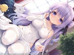 Rule 34 | 1girl, ahoge, arm warmers, azur lane, backlighting, bare shoulders, bed, bed sheet, bird, black bow, black ribbon, blush, bow, breasts, chick, cleavage, closed mouth, collarbone, covered navel, criss-cross halter, curtains, day, detached sleeves, dress, dutch angle, fingernails, hair between eyes, hair bun, hair ribbon, halterneck, hand up, holding, indoors, lap pillow invitation, long hair, long sleeves, looking at viewer, manjuu (azur lane), medium breasts, mikagami mamizu, mimikaki, official art, on bed, one side up, oppai loli, pillow, plant, purple eyes, purple hair, ribbon, seiza, single hair bun, single side bun, sitting, sleeves past wrists, smile, solo, stuffed animal, stuffed toy, stuffed unicorn, stuffed winged unicorn, sunlight, thighhighs, thighs, unicorn (azur lane), very long hair, wariza, watermark, white dress, white sleeves, white thighhighs, window