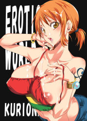 Rule 34 | 1girl, bangle, blush, bracelet, breasts, cum, cum in mouth, cum on body, cum on breasts, cum on upper body, facial, jewelry, large breasts, log pose, nami (one piece), nipple slip, nipples, one piece, one piece: strong world, solo, tattoo, twintails, yu-ri (kurione-sha)
