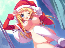 Rule 34 | 1girl, blonde hair, blue eyes, blush, breasts, christmas, dutch angle, from below, hat, large breasts, moon, nipples, no bra, no panties, nude, nude filter, one eye closed, pussy, santa costume, santa hat, solo, thighhighs, third-party edit, tomose shunsaku, uncensored, wink