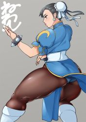 Rule 34 | 1girl, ass, black hair, blue dress, boots, bracelet, brown pantyhose, bun cover, capcom, china dress, chinese clothes, chun-li, commentary request, double bun, dress, earrings, fighting stance, from behind, from side, hair bun, hair pulled back, jewelry, kneepits, neone, pantyhose, puffy short sleeves, puffy sleeves, sash, short hair, short sleeves, side slit, solo, spiked bracelet, spikes, street fighter, street fighter ii (series), thick thighs, thighs, white footwear