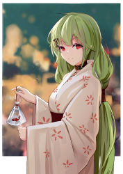 Rule 34 | 1girl, absurdres, amamizu shizuku, animal, breasts, closed mouth, collar, commission, feet out of frame, fish, girls&#039; frontline, goldfish, green hair, hair ornament, hairclip, highres, holding, holding animal, holding fish, japanese clothes, kimono, long hair, looking at viewer, lying, mk48 (girls&#039; frontline), on side, pixiv commission, red collar, red eyes, smile, solo, standing, summer festival, very long hair, yukata