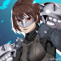 Rule 34 | 1girl, 5tatsu, black bodysuit, blue background, bodysuit, braid, breasts, brown hair, cross-laced clothes, crown braid, fighting stance, gloves, highres, looking at viewer, medium breasts, niijima makoto, parted lips, persona, persona 5, red eyes, short hair, shoulder spikes, smile, solo, spiked knuckles, spikes, steel mask, twitter username, upper body, white gloves