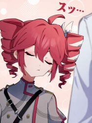 1girl 1other ahoge buttons closed_eyes closed_mouth double-parted_bangs drill_hair fin_gocco hair_between_eyes head_rest highres jacket kasane_teto kasane_teto_(sv) long_sleeves master_(vocaloid) pink_background portrait red_hair red_trim shirt shoulder_belt sleeping sleeping_on_person striped_clothes striped_jacket synthesizer_v twin_drills utau white_shirt