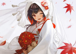 Rule 34 | 1girl, ;d, absurdres, asymmetrical hair, autumn leaves, black hair, blush, bouquet, bridal veil, doll, flower, folded fan, folding fan, hand fan, happy, highres, holding, holding bouquet, hood, idolmaster, idolmaster shiny colors, japanese clothes, kimono, lace-trimmed veil, lace trim, leaf, long sleeves, looking at viewer, maple leaf, morino rinze, one eye closed, open mouth, red eyes, red flower, saber beam, sidelocks, simple background, sleeves past wrists, smile, solo, straw doll, tassel, tears, tsunokakushi, two-sided fabric, uchikake, upper body, veil, white background, white kimono, wide sleeves, wind, window