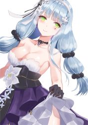 Rule 34 | 1girl, absurdres, alternate hairstyle, bad id, bad pixiv id, bare arms, bare shoulders, black gloves, blue hair, blunt bangs, blush, breasts, cleavage, closed mouth, clothes lift, collarbone, dress, dress lift, dutch angle, earrings, facial mark, female focus, gem, girls&#039; frontline, gloves, green eyes, hair ornament, hairband, highres, hk416 (girls&#039; frontline), hk416 (starry cocoon) (girls&#039; frontline), jewelry, large breasts, layered dress, long hair, looking at viewer, multi-tied hair, neck, necklace, official alternate costume, purple dress, purple gemstone, shiny skin, simple background, smile, solo, strapless, strapless dress, sugarv, teardrop, very long hair, white background, white hairband