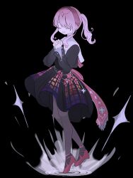 Rule 34 | 1other, akiyama mizuki, black background, black dress, closed eyes, diadem, dress, full body, grey pantyhose, hairband, highres, ng (fa oo0), open mouth, own hands clasped, own hands together, pantyhose, pink footwear, pink hair, pink hairband, project sekai, side ponytail, simple background, smile, solo, sparkle, stained glass print