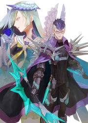 Rule 34 | 1boy, 1girl, :|, arm armor, armor, black pants, blue eyes, blue flower, blue hair, blue rose, blush, breasts, brynhildr (fate), closed mouth, couple, daeraeband, dual wielding, expressionless, fate/grand order, fate/prototype, fate/prototype: fragments of blue and silver, fate (series), feet out of frame, flower, glasses, greyscale, hair ornament, hair over one eye, highres, holding, holding flower, holding sword, holding weapon, husband and wife, long hair, looking at viewer, looking away, monochrome, multicolored hair, pants, purple eyes, rose, shoulder spikes, sigurd (fate), silver hair, simple background, skirt, spiked hair, spikes, sword, very long hair, weapon, white background
