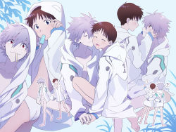 Rule 34 | !, 11kkr, 2boys, ?, blue eyes, blush, brown hair, closed eyes, closed mouth, food, hand on another&#039;s back, hand on another&#039;s cheek, hand on another&#039;s face, holding, holding hands, hood, hood up, hoodie, ice cream, ikari shinji, looking at another, looking at viewer, looking to the side, multiple boys, multiple persona, multiple views, nagisa kaworu, neon genesis evangelion, open mouth, pointing, pointing up, shirt, simple background, smile, standing, walking, white shirt, yaoi