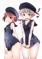 Rule 34 | 2girls, anchor, aqua eyes, arm behind back, bare arms, bare shoulders, beret, black dress, black headwear, blonde hair, blunt bangs, blush, breasts, closed mouth, contrapposto, covered navel, covering crotch, covering privates, cowboy shot, dress, dress tug, female focus, hat, highres, kantai collection, looking at viewer, looking down, marumaryo, multiple girls, open mouth, red eyes, red hair, sailor dress, short dress, short hair, simple background, sleeveless, sleeveless dress, small breasts, standing, tareme, thighs, v-shaped eyebrows, wavy mouth, white background, z1 leberecht maass (kancolle), z3 max schultz (kancolle)