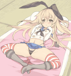Rule 34 | 10s, 1girl, anchor, anchor hair ornament, bad id, bad pixiv id, black panties, blade (galaxist), blonde hair, blush, boots, breasts, brown eyes, cameltoe, elbow gloves, futon, gloves, grey footwear, hair ornament, hairband, highleg, highleg panties, kantai collection, long hair, looking at viewer, lying, navel, on back, panties, personification, petite, pillow, shimakaze (kancolle), small breasts, solo, spread legs, striped clothes, striped thighhighs, tears, thighhighs, underwear, white gloves
