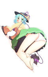 Rule 34 | 1girl, all fours, aqua hair, ass, bad id, bad pixiv id, bare legs, barefoot, blush, from behind, full body, green eyes, hat, hat ribbon, heart, heart of string, highres, komeiji koishi, legs together, looking at viewer, looking back, non (z-art), open mouth, panties, ribbon, shirt, shoes, unworn shoes, short hair, simple background, skirt, solo, third eye, touhou, underwear, white background, white panties, wide sleeves