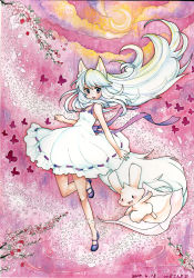 Rule 34 | 1girl, animal ears, bare shoulders, bug, rabbit, butterfly, cherry blossoms, crescent moon, dated, dress, bug, long hair, mary janes, millipen (medium), moon, mosho, no socks, original, painting (medium), petals, pink theme, purple eyes, ribbon, shoes, signature, solo, standing, standing on one leg, tail, traditional media, watercolor (medium), white dress, white hair, wolf ears, wolf tail