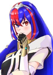 Rule 34 | 1girl, absurdres, alear (female) (fire emblem), alear (fire emblem), blue eyes, blue hair, blush, closed mouth, crossed bangs, fingerless gloves, fire emblem, fire emblem engage, gloves, heterochromia, highres, long hair, looking at viewer, multicolored hair, nintendo, red eyes, red hair, solo, split-color hair, tiara, to (tototo tk), white background