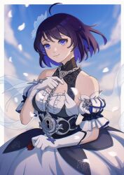 Rule 34 | 1girl, ahoge, bare shoulders, blue sky, blurry, blurry background, center frills, chain, closed mouth, cloud, collarbone, commentary request, covered collarbone, depth of field, detached sleeves, dress, elbow gloves, flower, frills, gloves, hair flower, hair ornament, hand up, honkai (series), honkai impact 3rd, keyhole, looking at viewer, multicolored hair, puffy short sleeves, puffy sleeves, purple eyes, purple hair, seele vollerei, seele vollerei (stygian nymph), short sleeves, sky, smile, solo, tsuume, two-tone hair, white dress, white flower, white gloves, white sleeves