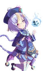 Rule 34 | 1girl, absurdres, bandaged arm, bandages, bead necklace, beads, black footwear, blue hat, blue jacket, braid, cropped jacket, dress, genshin impact, hat, highres, jacket, jewelry, long hair, long sleeves, looking at viewer, necklace, ofuda, parted lips, purple eyes, purple hair, qingdai guanmao, qiqi (genshin impact), shoes, simple background, single braid, sleeves past wrists, solo, thighhighs, very long hair, white background, white dress, white thighhighs, wide sleeves, yenm, yin yang