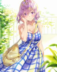 Rule 34 | 1girl, bag, bare arms, bare shoulders, blue dress, blush, breasts, cherim, cleavage, closed mouth, collarbone, dress, fate/grand order, fate (series), hair between eyes, hand up, highres, large breasts, long dress, looking at viewer, mash kyrielight, mash kyrielight (senpai killer outfit), official alternate costume, plaid, plant, purple eyes, purple hair, short hair, shoulder bag, sleeveless, sleeveless dress, smile, solo, sunlight