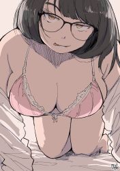 Rule 34 | 1girl, absurdres, all fours, barefoot, bra, breasts, brown eyes, brown hair, frilled bra, frills, glasses, hadashi no kenji, highres, large breasts, licking lips, looking at viewer, original, pink bra, raised eyebrow, shirt, shirt partially removed, solo, tongue, tongue out, underwear, white shirt