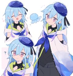Rule 34 | 1boy, ?, ^ ^, androgynous, arknights, beret, blue hair, blush, closed eyes, closed mouth, clothing cutout, crossed bangs, hair between eyes, hat, highres, hood, hood down, infection monitor (arknights), jellyfish, kabe sakana, long hair, mizuki (arknights), neckerchief, open mouth, pink eyes, portrait, raincoat, shoulder cutout, solo, white background
