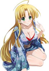 Rule 34 | 10s, 1girl, ahoge, asia argento, blonde hair, bra, breasts, cleavage, collarbone, green eyes, high school dxd, highres, japanese clothes, kimono, long hair, looking at viewer, medium breasts, red bra, sitting, smile, solo, transparent background, underwear, yukata