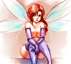 Rule 34 | 1girl, atlus, blue wings, breasts, closed mouth, elbow gloves, fairy, fairy wings, gloves, hair between eyes, large breasts, lips, long hair, mrkg (arsfatuus), nipples, nude, pixie (megami tensei), pointy ears, purple gloves, purple thighhighs, red hair, sega, shin megami tensei, sitting, smile, solo, thighhighs, wide hips, wings