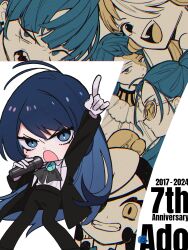 Rule 34 | 6+girls, ado (utaite), anniversary, black coat, black pants, blue eyes, blue hair, boxing gloves, braid, braided bangs, chando (ado), chibi, clenched teeth, closed mouth, cloud nine inc, coat, collared shirt, colored inner hair, commentary, english commentary, eyepatch, gira gira, gloves, hair over one eye, highres, holding, holding microphone, index finger raised, long hair, long sleeves, looking at viewer, lugosi (ado), microphone, mole, mole under eye, multicolored hair, multiple girls, naima (ado), odo (song), one piece, one piece film: red, open clothes, open coat, open mouth, orange hair, pants, parted lips, riseno, sharp teeth, shirt, show (ado), split-color hair, teeth, tinted eyewear, twintails, two-tone hair, usseewa, uta (one piece), utaite, voice actor connection, white gloves, white hair, white shirt, yellow-tinted eyewear, yellow eyes