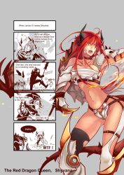 Rule 34 | 1girl, 3boys, angry, breasts, chest sarashi, comic, dragon girl, dragon tail, fangs, highres, horns, ironscale shyvana, jarvan iv (league of legends), large breasts, league of legends, long hair, monster girl, multiple boys, navel, open mouth, red hair, sarashi, shyvana, tail, yellow eyes