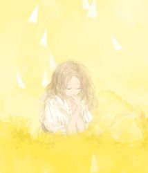 Rule 34 | 1girl, blonde hair, closed eyes, holding hands, kissing hand, highres, kakmxxxny06, kiss, long hair, original, paper airplane, puffy short sleeves, puffy sleeves, sailor collar, short sleeves, simple background, solo, solo focus, tears, yellow background, yellow theme