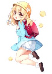 Rule 34 | 1girl, :d, animal, backpack, bag, bird, blonde hair, bloomers, blue shirt, blush, bow, braid, brown eyes, brown footwear, chick, commentary request, copyright request, flower, full body, hair bow, hat, hat flower, loading (verjuice), long hair, long sleeves, looking at viewer, looking to the side, mary janes, official art, open mouth, randoseru, school bag, shirt, shoes, side braid, simple background, single braid, smile, socks, solo, transparent background, underwear, white background, white bloomers, white bow, white flower, white socks, yellow hat