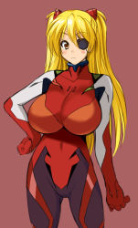 Rule 34 | 1girl, angley, bad id, bad pixiv id, blonde hair, blush, bodysuit, breasts, cosplay, covered navel, evangelion: 3.0 you can (not) redo, eyepatch, hairpods, hand on own hip, huge breasts, interface headset, kamia (not found), long hair, matsuoka kiyone, neon genesis evangelion, orange eyes, original, plugsuit, rebuild of evangelion, simple background, solo, souryuu asuka langley (cosplay), twintails, two side up, wide hips