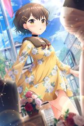 Rule 34 | 1girl, absurdres, alternative girls, bow, breasts, brown bow, brown hair, day, dress, earrings, floral print, flower, highres, jewelry, long sleeves, looking at viewer, official art, outdoors, rose, short hair, small breasts, solo, standing, tachibana naomi, yellow dress, yellow eyes