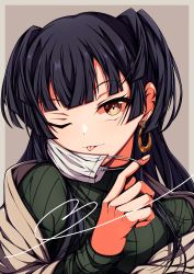 Rule 34 | 1girl, ;p, absurdres, beige background, black hair, blunt bangs, brown eyes, commentary request, earrings, green sweater, highres, hoop earrings, idolmaster, idolmaster shiny colors, jewelry, kakuzatou (cubesugar03196), long hair, long sleeves, mask, unworn mask, mayuzumi fuyuko, mouth mask, one eye closed, solo, surgical mask, sweater, tongue, tongue out, turtleneck, turtleneck sweater, two side up