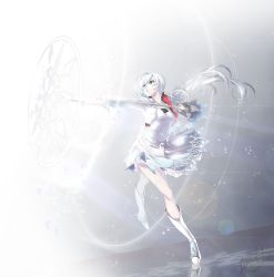 Rule 34 | 1girl, bad id, bad pixiv id, boots, dress, grey eyes, holding sword, magic circle, momoa, ponytail, rapier, rwby, signature, solo, sword, weapon, weiss schnee, white hair