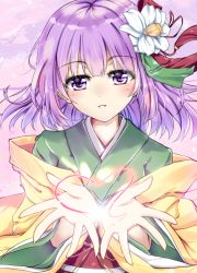 Rule 34 | 1girl, blush, commentary request, flower, fule, green kimono, hair flower, hair ornament, head tilt, heart, hieda no akyuu, highres, japanese clothes, kimono, layered clothes, layered kimono, long sleeves, medium hair, obi, outstretched hand, parted lips, purple eyes, purple hair, red sash, red skirt, sash, skirt, touhou, upper body, white flower, wide sleeves, yellow kimono