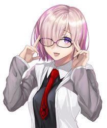 Rule 34 | 1girl, :d, adjusting eyewear, black-framed eyewear, black shirt, bright pupils, fate/grand order, fate (series), fingernails, glasses, grey jacket, hair over one eye, highres, jacket, long sleeves, looking at viewer, mash kyrielight, necktie, one eye covered, open clothes, open jacket, open mouth, pink hair, purple eyes, red necktie, sage joh, shirt, simple background, smile, solo, upper body, white background