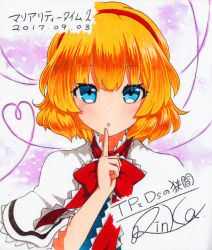 Rule 34 | 1girl, alice margatroid, artist name, bad id, bad pixiv id, blonde hair, blue eyes, blush, capelet, dated, finger to mouth, hairband, hand up, heart, heart of string, looking at viewer, qqqrinkappp, short hair, signature, solo, touhou, traditional media, upper body