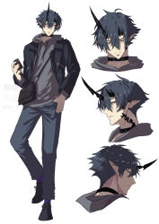 Rule 34 | 1boy, alternate costume, arknights, black bag, black footwear, black jacket, blue hair, blue pants, can, commentary request, cropped head, expressions, flamebringer (arknights), full body, grey hoodie, holding, holding can, hood, hoodie, horns, infection monitor (arknights), jacket, looking at viewer, looking back, male focus, material growth, multiple views, oripathy lesion (arknights), pants, pointy ears, profile, short hair, simple background, single horn, white background, wn (wani-noko), yellow eyes