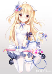 Rule 34 | 1girl, ahoge, animal ear fluff, animal ears, asymmetrical legwear, black footwear, blonde hair, blue bow, blush, bow, breasts, cat ears, cat girl, cat tail, closed mouth, commentary request, dress, full body, gloves, glowing, gradient background, grey background, hair between eyes, hair bow, holding, holding wand, loading (verjuice), long hair, mary janes, nose blush, original, pantyhose, red eyes, shoes, single leg pantyhose, small breasts, solo, star (symbol), strapless, strapless dress, tail, tail bow, tail ornament, thighhighs, two side up, uneven legwear, very long hair, wand, white background, white dress, white gloves, white thighhighs