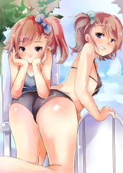 Rule 34 | 2girls, absurdres, ass, bikini, bow, brown eyes, brown hair, elbow rest, futami ami, futami mami, hair bow, head rest, highres, idolmaster, idolmaster (classic), looking at viewer, looking back, multiple girls, purple eyes, siblings, side ponytail, sinonomescocoa, sisters, swimsuit, twins