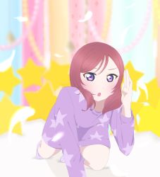 Rule 34 | 1girl, :o, artist name, artist request, bare legs, blush, breasts, feathers, female focus, full body, hair between eyes, highres, long sleeves, looking at viewer, love live!, love live! school idol festival, love live! school idol project, nishikino maki, pajamas, parted lips, pocket, purple eyes, purple pajamas, red hair, short hair, small breasts, smile, socks, solo, star (symbol), star print, white feathers