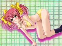 Rule 34 | 1girl, bra, brown eyes, character request, hair ornament, lingerie, panties, pink hair, solo, source request, twintails, underwear, yellow bra, yellow panties