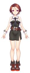 Rule 34 | 1girl, arms at sides, aya shachou, bare shoulders, belt, black dress, black necktie, boots, brown belt, brown footwear, brown hair, closed mouth, copyright request, cropped shirt, dot nose, dress, fold-over boots, full body, highres, looking at viewer, mole, mole under eye, necktie, pink eyes, shirt, short dress, short hair, simple background, smile, solo, standing, white background, white shirt, wrist cuffs