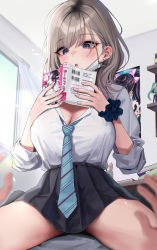 Rule 34 | 1boy, 1girl, :o, black skirt, blue necktie, blurry, blurry foreground, blush, book, breasts, cleavage, curtains, desk, dot nose, ear piercing, earrings, girl on top, gyaru, hands up, highres, holding, holding book, indoors, jewelry, kogal, large breasts, light brown hair, looking down, loose necktie, mask, mask pull, mirei, mole, mole on breast, mouth mask, necktie, open book, original, paid reward available, parted lips, piercing, pleated skirt, poster (object), purple eyes, school uniform, scrunchie, shirt, shirt tucked in, sitting, sitting on person, skirt, sleeves rolled up, solo focus, spread legs, striped necktie, stud earrings, swept bangs, thighs, white mask, white shirt, window, wrist scrunchie